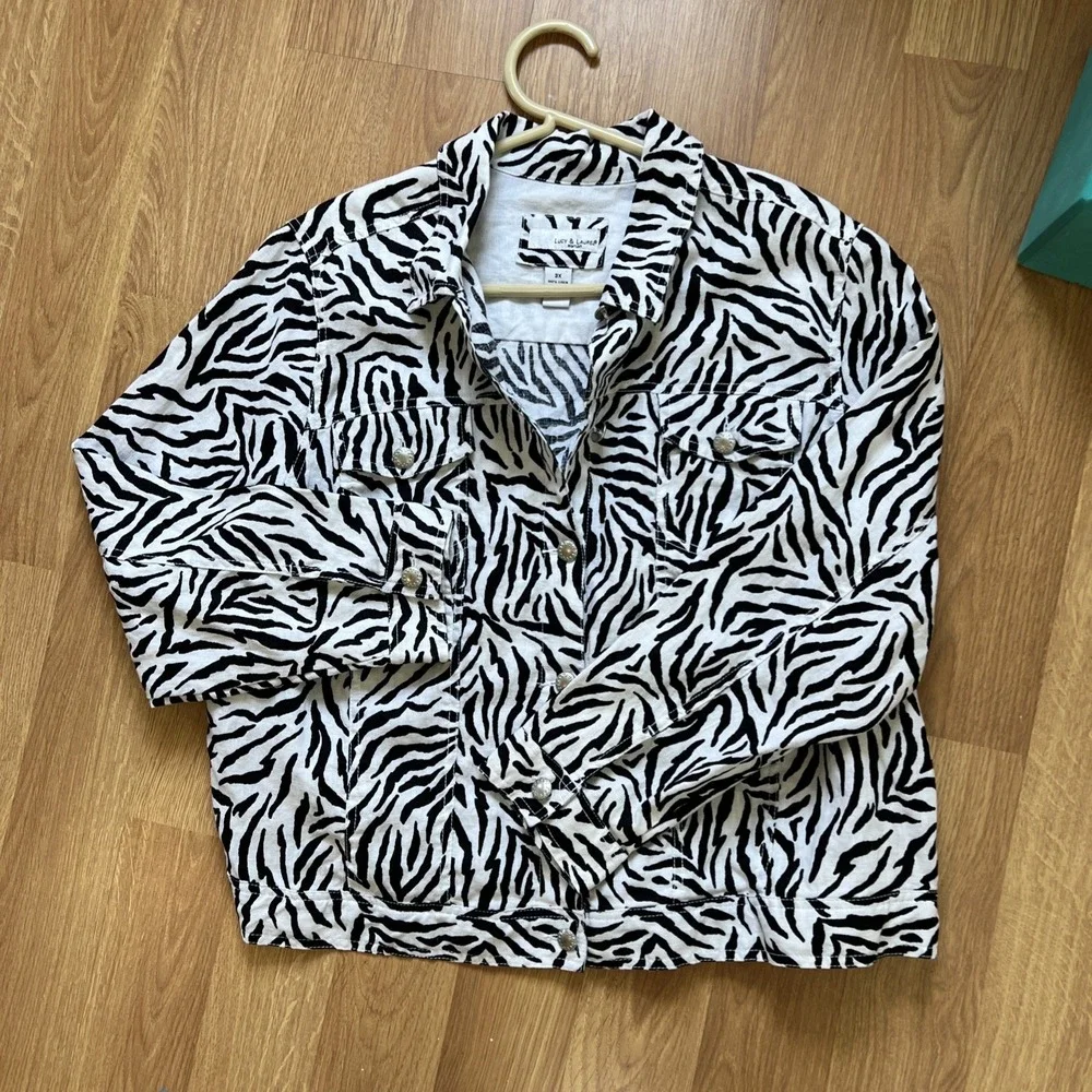 Anthropologie Lucy & Laurel 100% Linen Light Jacket Plus Size 3X‎ Trucker Zebra
